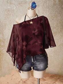 SHEIN ICON 大尺碼女款花卉印花單肩不對稱下擺時尚上衣 - 酒紅色 - 查看 1