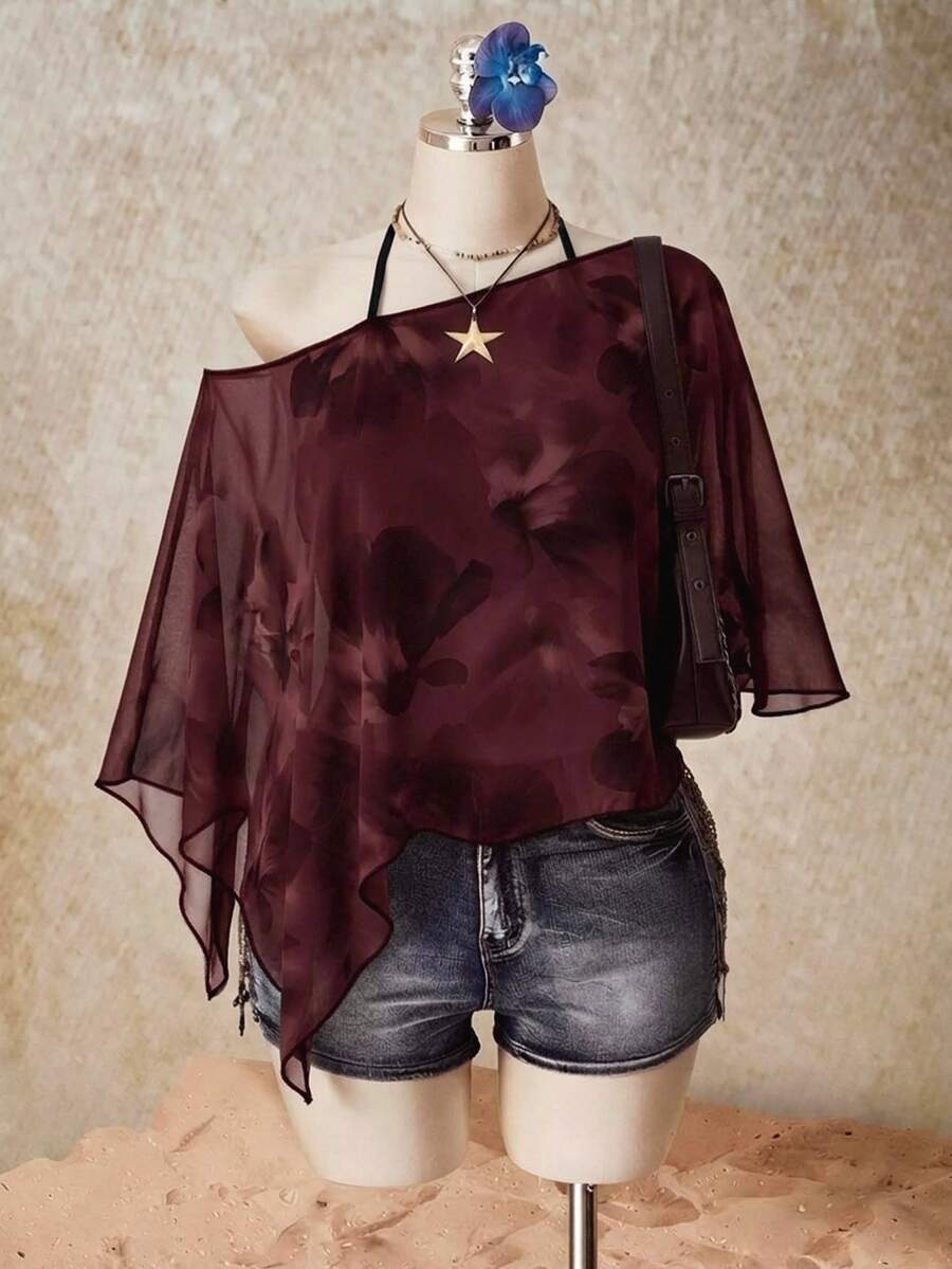 SHEIN ICON 大尺碼女款花卉印花單肩不對稱下擺時尚上衣 - 酒紅色 - 查看 1