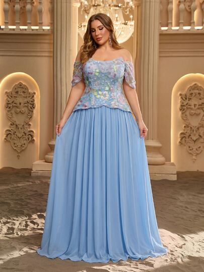 Aureia Plus Size Elegant Shiny Mesh Asymmetric Sleeve Cinched Waist Ruched Sheer Plus Size A-Line Skirt, Suitable For Dates, Single Parties, Weddings, Events, Evening Dinners, Bridesmaid Dress