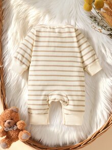 SHEIN 1pc Newborn Baby Girl Boy Romper Cute Sweet Beige Cream Bear Applique Striped Bow Long Sleeve Round Neck Birthday Party Fall Holiday Fall Ribbed Snaps - Apricot - View 3