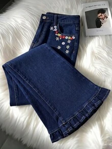 GlowEve Women's Floral Pattern Pocket Casual Denim Jeans With Ruffle Hem - Blue - View 1