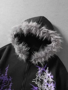 ROMWE MEN Goth 男士圖案印花拉鍊連帽外套 - 黑色 - 查看 4