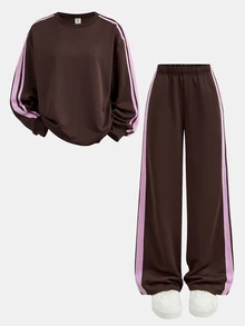 SHEIN 青少年女孩 T-Shirt 套裝 秋冬大學街頭時尚 織帶撞色長袖運動衫搭配寬腿直筒運動長褲套裝，適合日常休閒校園穿著 - 咖啡棕 - 查看 3