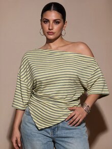 SHEIN BAE CURVE Áo thun nữ size lớn màu vàng kẻ sọc, tay lỡ, vai bất đối xứng - Màu vàng - Xem 2