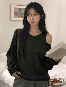 DAZY 女款純色圓領無袖背心與露肩休閒寬鬆針織毛衣 2 件套 - 黑色 - 查看 5