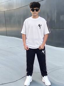 SHEIN 兒童青少年男孩春夏兩件套 白色圓領短袖T恤與黑色長褲，舒適百搭休閒日常時尚運動簡約百搭風格，適合春夏秋冬室內、戶外、日常、運動、玩耍、派對、攝影、度假、假期 - 彩色 - 查看 5
