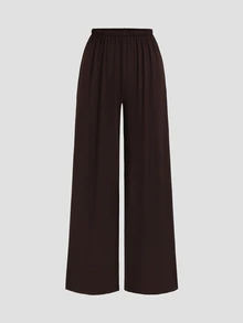 Sweetra New Casual Commute Minimalist Small Round Neck Waist-Flattering V-Hem Top And Wide Leg Pants Coffee Brown 2 Pieces Set - Coffee Brown - View 4