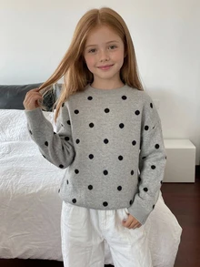 DAZY Tween Girl) Polka Dot Casual Cute Minimalist Crew Neck Pullover Basic Layering Thick Sweater, Autumn/Winter - Light Grey - View 5