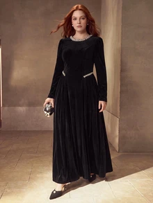 MOTF PREMIUM WOMEN'S PLUS SIZE PATCHWORK RHINESTONE TRIM LONG SLEEVE ELEGANT DRESS - Black - View 5