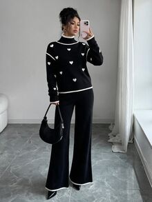Elenzga Women's Elegant Knitted 2 Pieces Set, Khaki Old Money Style Casual Sweater Set - Black - View 1