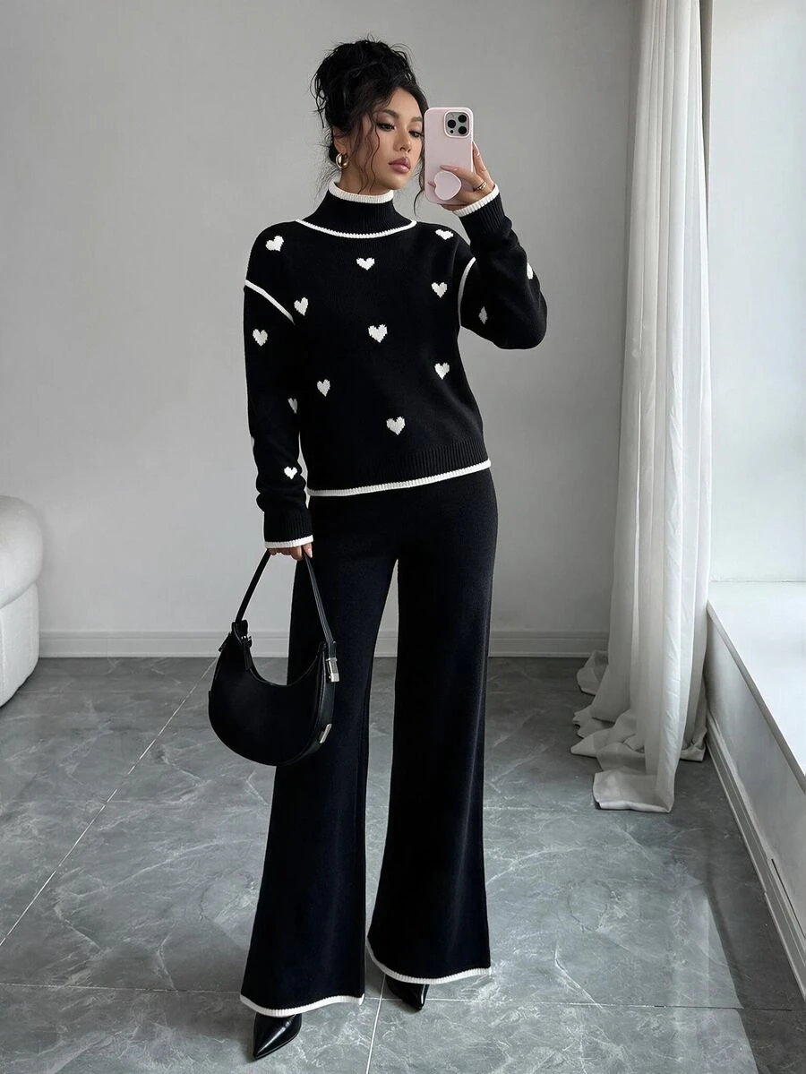 Elenzga Women's Elegant Knitted 2 Pieces Set, Khaki Old Money Style Casual Sweater Set - Black - View 1
