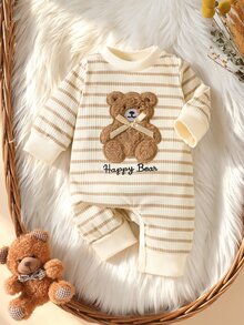 SHEIN 1pc Newborn Baby Girl Boy Romper Cute Sweet Beige Cream Bear Applique Striped Bow Long Sleeve Round Neck Birthday Party Fall Holiday Fall Ribbed Snaps - Apricot - View 2