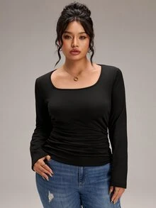 EMERY ROSE تي شيرت نسائي مقاس كبير بلون موحد ضيق متعدد الاستخدامات للاستخدام اليومي بأكمام طويلة - الأسود - مشاهدة 3