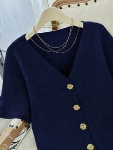 Seusyu Plus Size Solid Color V-Neck Button Front Casual Versatile Short Sleeve Sweater In Fall/Winter - Navy Blue - View 5