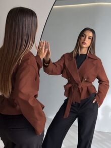 Aloruh Women's Elegant Street Style Button Lapel Trench Coat - Rust Brown - View 4