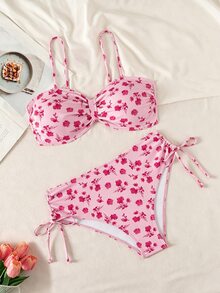 Swim Lushoire 女款黃藍花卉印花平口比基尼套裝 細肩帶前蝴蝶結高腰側抽繩 2 件式泳衣，適合海灘度假 - 粉色 - 查看 5