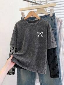 SHEIN 青少年女孩 2 合 1 衛衣：星星印花網格長袖上衣附蝴蝶結 - 灰色 - 查看 5