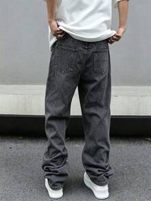 Manfinity EMRG Men's Solid Color Fashion Casual Wide Leg Jeans - Dark Grey - View 2
