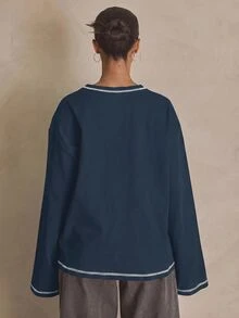 MUSERA Washed Oversized Long Sleeve Top Summer, Sporty, Casual, Day, Streetstyle, Streetwear Spring - 藏蓝色 - 查看 3