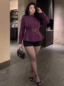 Vibekara Napoleon Style Plus Size Women's Casual Minimalist Commuter Woven Purple Autumn/Winter Wool - Purple - View 5