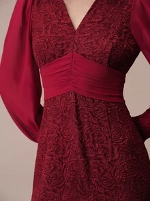 BELROSIE Elegant Mature Style V-Neck Jacquard Patchwork Pearl Chiffon Bodycon Long Dress For Women Wedding Cocktail Dinner Burgundy Fall Christmas - Red - View 4