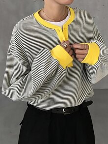 FRIFUL 女款黑白條紋休閒學院風日常長袖T恤，適合秋季日常與校園穿著 - 黃色 - 查看 2