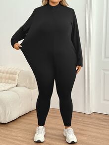 SHEIN CURVE+ Plus Size Women's Solid Color Zipper Front Long Sleeve Thermal Lined Jumpsuit Suitable For Outdoor, Home And Casual Occasions - Black - View 5