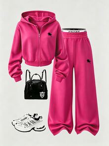SHEIN 青少年女孩秋季套裝 2件組 連帽拉鍊夾克短版上衣與寬鬆鬆緊腰寬腿休閒長褲套裝，秋季 - 玫紅色 - 查看 1