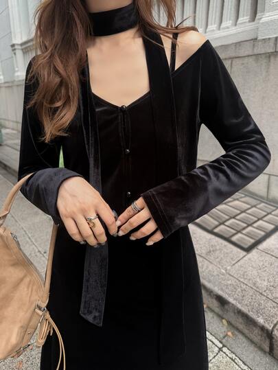 FRIFUL Women's Autumn Solid Color Velvet Fabric Camisole Dress & Cardigan 2 Pieces Set