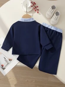 Infant & Toddler 2 Pieces Set, Long Sleeve Sweatshirt + Light-Colored Faux Layered Collar Design, Ribbed Cuffs; Paired With Matching Wide-Leg Long Pants, Suitable For Daily School, Back To School, Suburban Outings, Visiting Friends And Family, Spring And Autumn Wear, Stylish And Cute - Blue - View 2