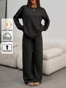 SHEIN Tall Women Round Neck Rib Knitted Sweater And Sweater Pant 2pcs Sets Co-Ord - Black - View 1