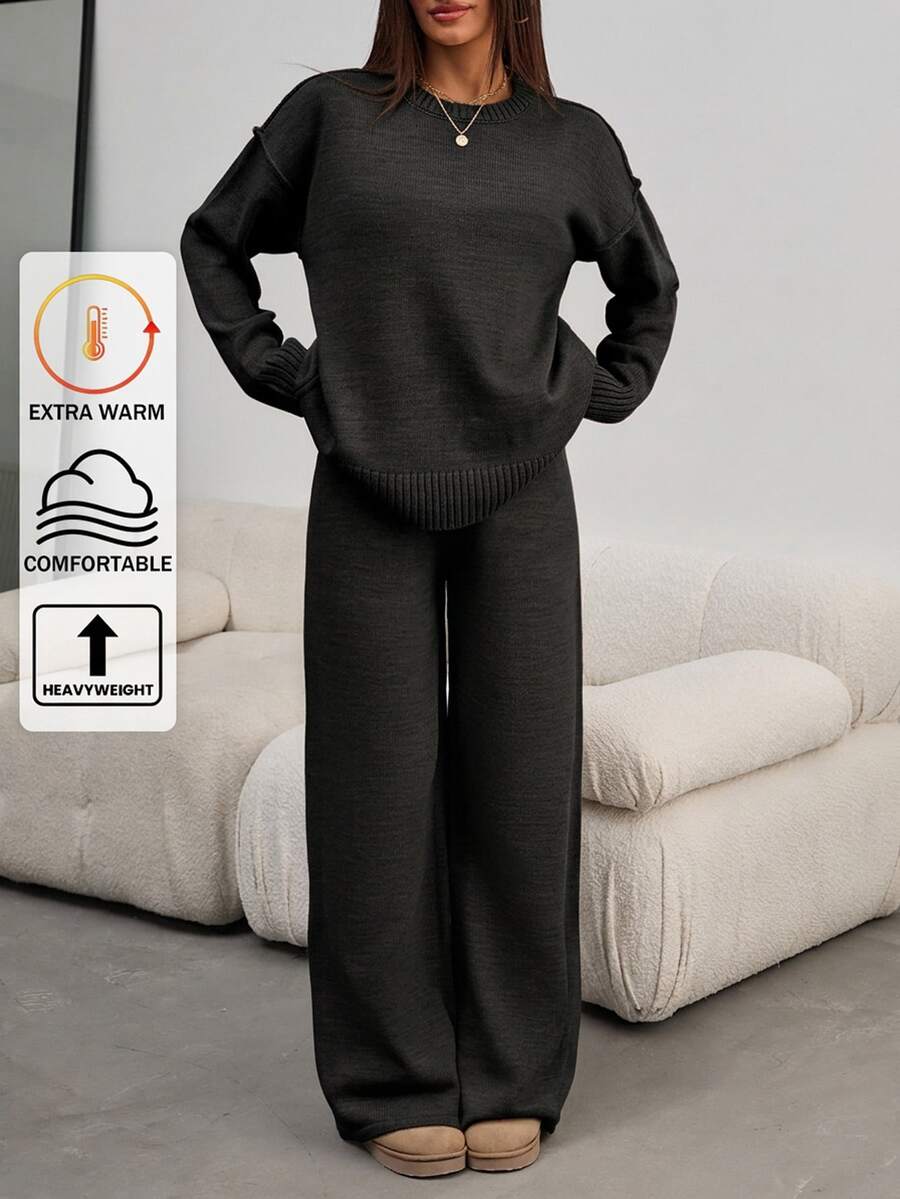 SHEIN Tall Women Round Neck Rib Knitted Sweater And Sweater Pant 2pcs Sets Co-Ord - Black - View 1