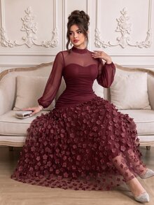 Roveilla Plus Size 2027 New Party Style New Year Christmas Valentine's Day 3D Floral Long Dress - Burgundy - View 7