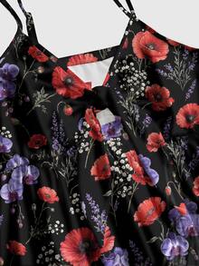 ROMWE Fairycore Dark Hippie Forest Floral Vacation Strap Plus Size Dress - Black - View 3