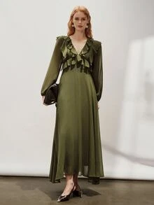 Aveloria Modichic European And American Style Autumn/Winter New Fashion Versatile Solid Color Chiffon V-Neck Elegant Commute Design Multi-Layer Ruffle Hem Women's Long Dress - Army Green - View 6