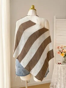 Comfortcana Plus Size Women's Blue White Stripe Hollow Out Asymmetric Shoulder Knit Pullover Sweater Vacation Fall Casual Elegant Kawaii - Camel - View 2