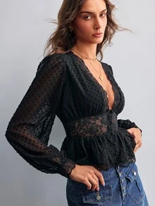 Willow Rêve Women's Lace Patchwork V-Neck Button-Down Black Blouse - Black - View 7