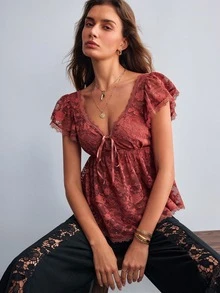 Willow Rêve Women's French Style Lace Tie Top For Date And Outing - Rust Brown - View 7