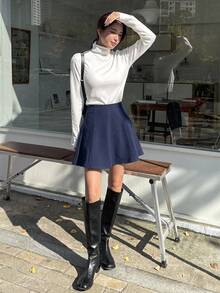 DAZY 女款純色高腰休閒百搭裙 - 藏蓝色 - 查看 8
