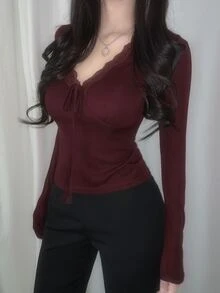 DAZY Solid Color Slim Fit Contrast Lace Trim Long Sleeve V-Neck Casual Vacation Korean Style Spring Autumn Base Layer Top Women T-Shirt - Burgundy - View 8