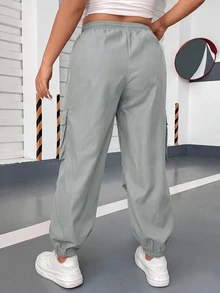 POPSWAY Plus Size Women's Casual Cargo Pants With Drawstring Pockets, Minimalist Style For Spring/Autumn, Campus And Commute - Light Grey - View 2