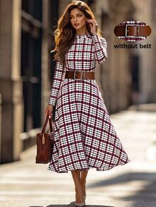 Editum Women's Plaid Casual Party Mid-Length Dress - Burgundy - View 1