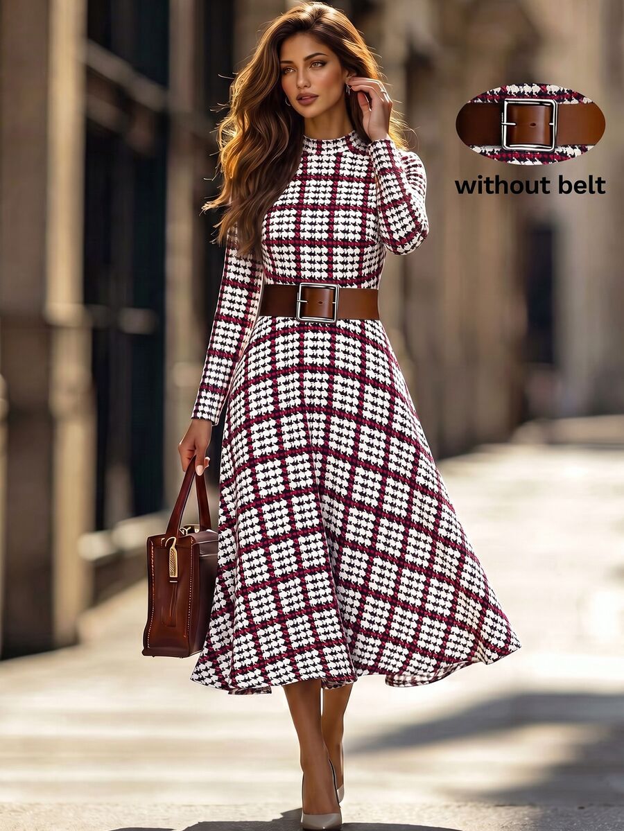 Editum Women's Plaid Casual Party Mid-Length Dress - Burgundy - View 1