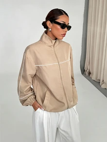 StreetHx Zip-Up White Sports Jacket With Stripe Trim Decor - Khaki - View 5