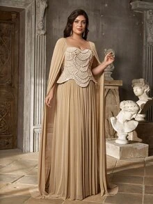 Aureia Plus Size Elegant Glamorous Champagne Beaded Patchwork Mesh Computer Embroidery 2 In 1 Cinched Waist A-Line Heavy Embellished Evening Gown For Important Occasions - Champagne - View 7