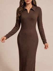 Amorya Women's Solid Color Lapel Long Sleeve Side Slit Hem Elegant Long Dress - Coffee Brown - View 4