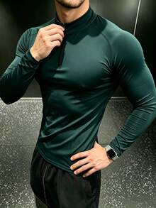 GymBeat 男士極簡半拉鍊長袖運動T恤，健身房適用 - 墨綠色 - 查看 4