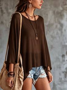 SHEIN Kaos Wanita Polos Kasual Serbaguna untuk Pemakaian Sehari-hari - Coffee Brown - View 4