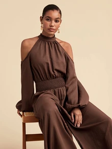 Travachic Women's Solid Color Cold Shoulder Casual Daily Wear Jumpsuit Lantern Pants - Khaki - View 8