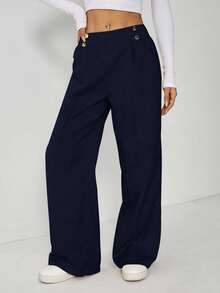 SHEIN PETITE Women's Elegant Double Button Straight Office Pants - Dusty Blue - View 6